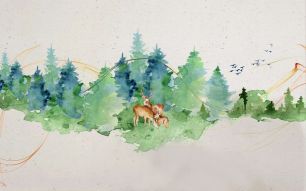 Фреска Семья оленей в лесу